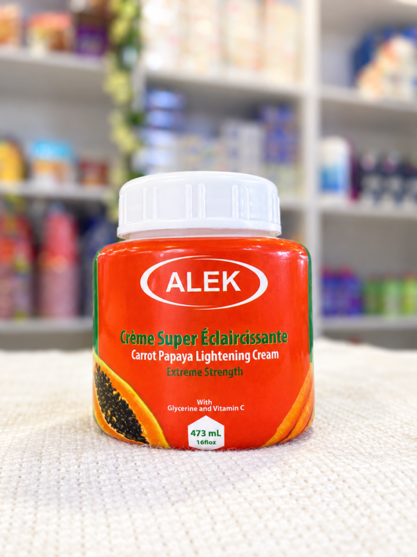 Tarro Alek Crème Super Éclaircissante Carrot Papaya Lightening Cream, 473 ml, con tapa blanca