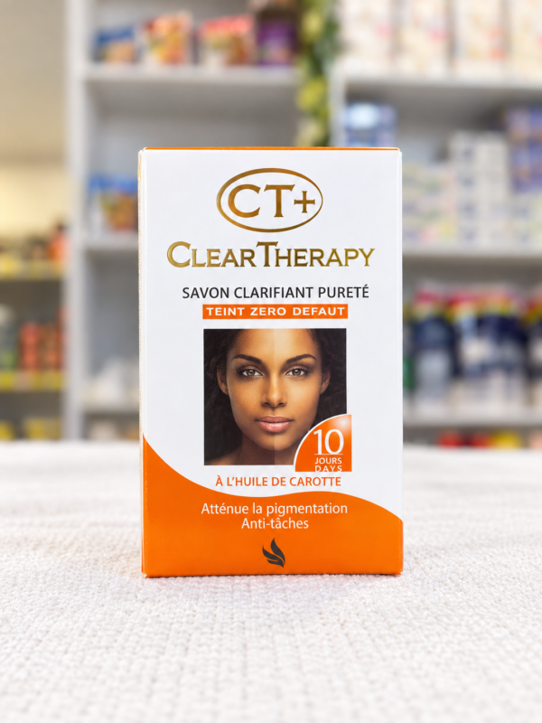jabon-aclarante-purete Caja de jabón CT+ Clear Therapy Savon Clarifiant Pureté Teint Zéro Défaut, con aceite de zanahoria